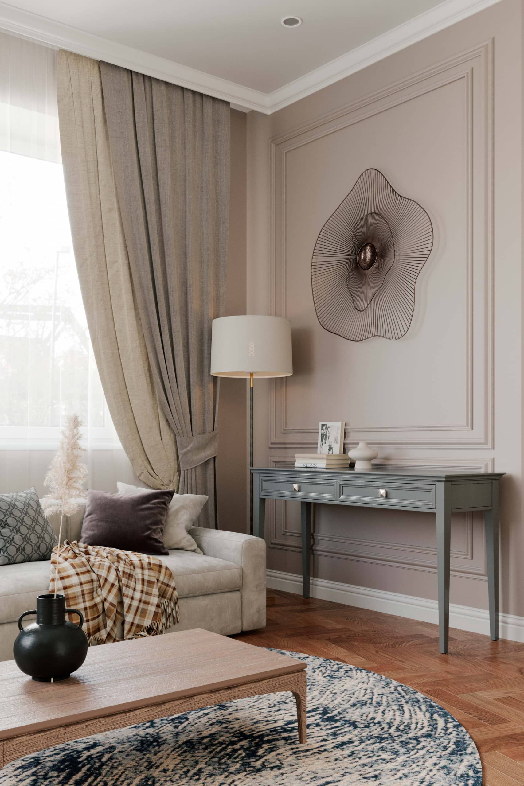 Оформление интерьера гостиной трехкомнатной квартиры в коричневый цвет в стиле современной классики. Фото № 62284.