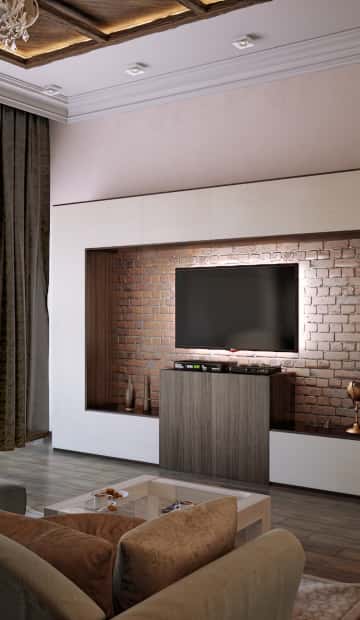 Ниша под телевизор с фото обоями в виде кирпичной стенки