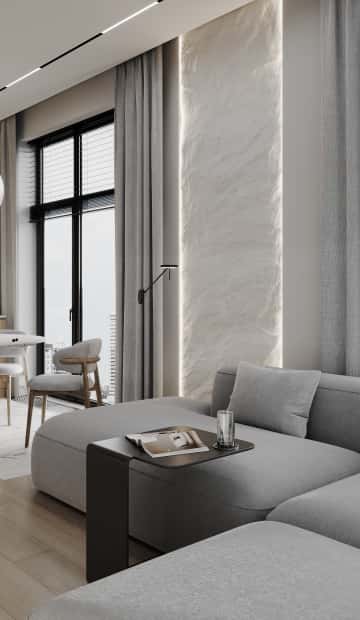 Гармония перемен. Дизайн и ремонт квартиры 66м2 ЖК Зорге 9 в стиле минимализм. Кухня-гостиная, фото 08