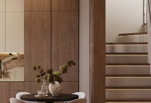 Фотографии домов. Очарование природы. Дизайн и ремонт загородного дома 116м2 в КП Британика в современном стиле. 1 этаж Кухня-гостиная, фото 05.