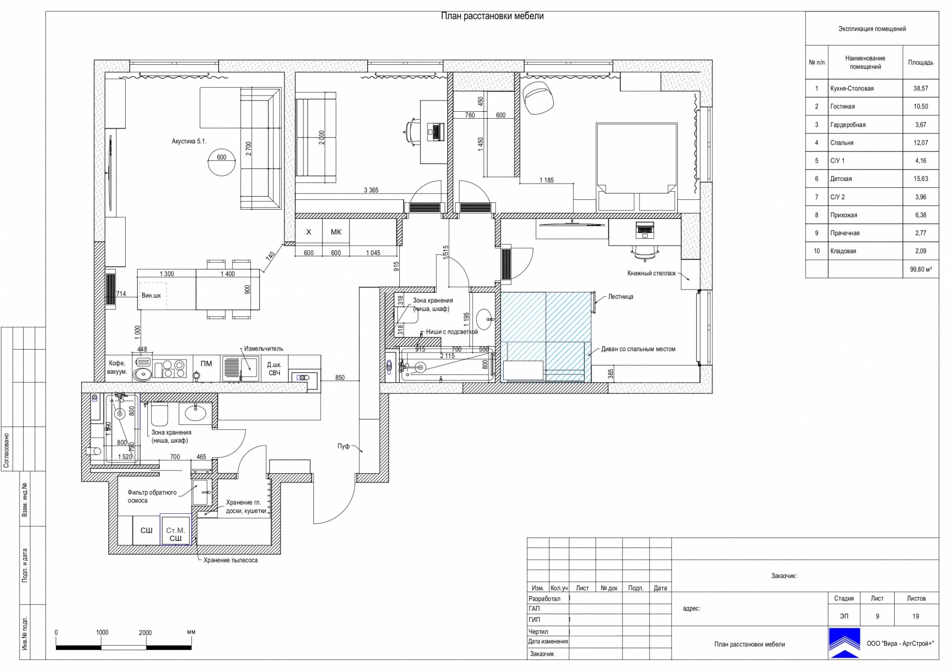 План расстановки мебели, квартира 101 м² в ЖК «Павлова 40»