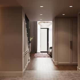 Фотографии прихожих. Квартира с мезонином. Дизайн и ремонт квартиры 89м2 ЖК Джаз в современном. Прихожая, фото 01.