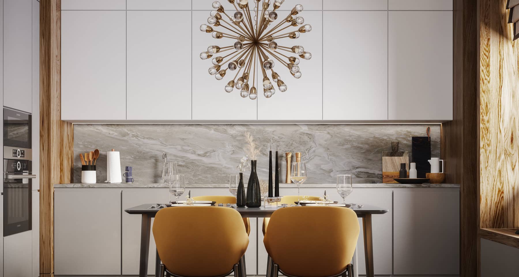 Дизайн светлой современной кухни со столовой зоной