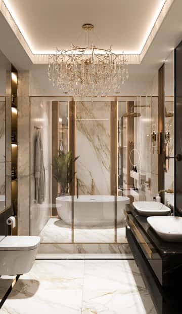 Зона для банных процедур с отдельно стоящими ванной и душем