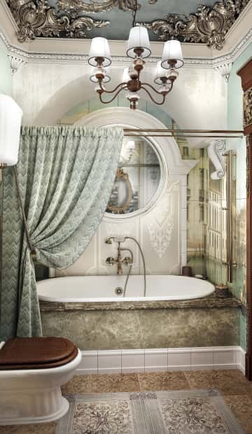 Ванная с аркой и плиткой с изображением итальянского города