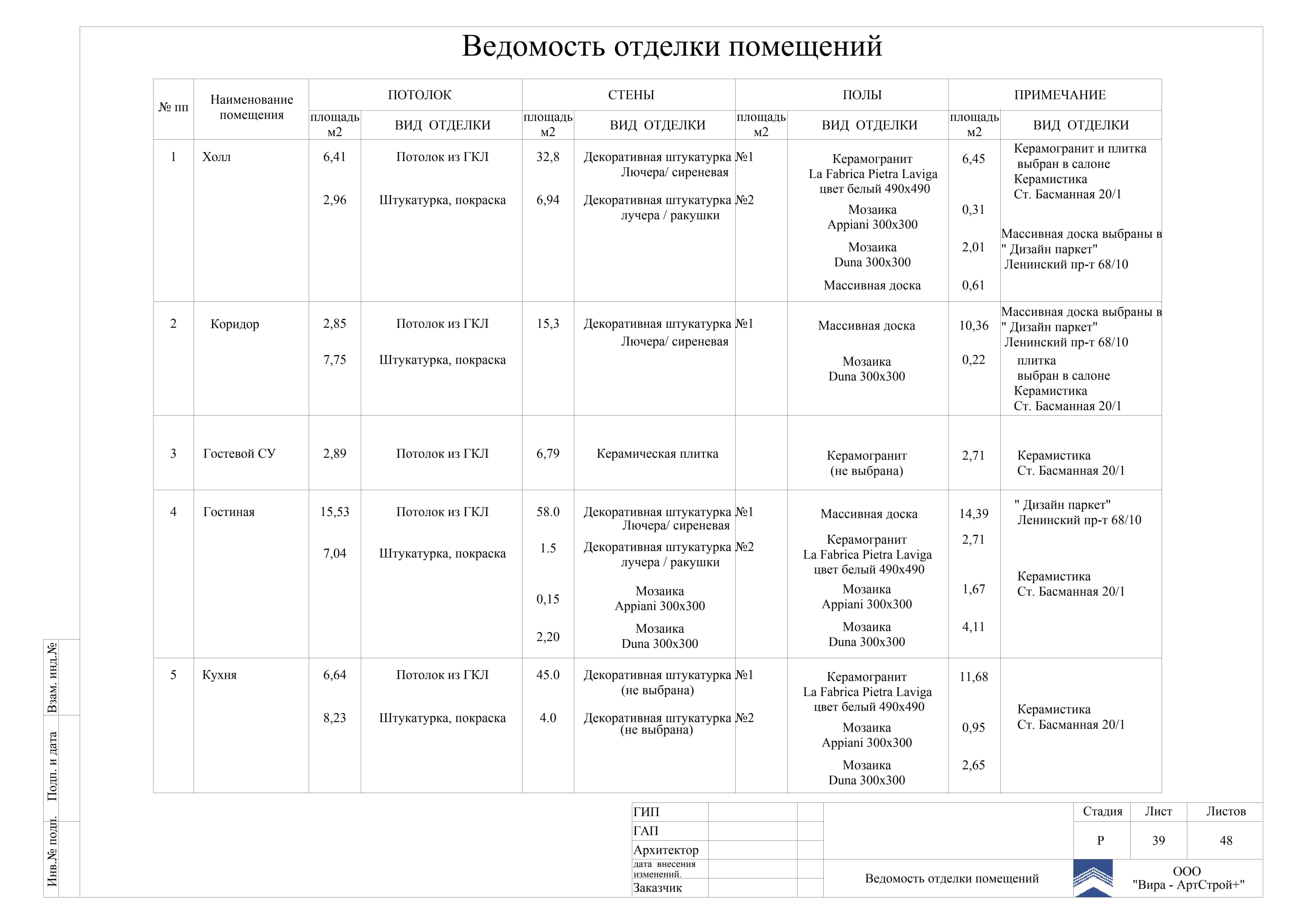 39. Ведомость отделки, квартира 140 м² в ЖК «DOMINION»