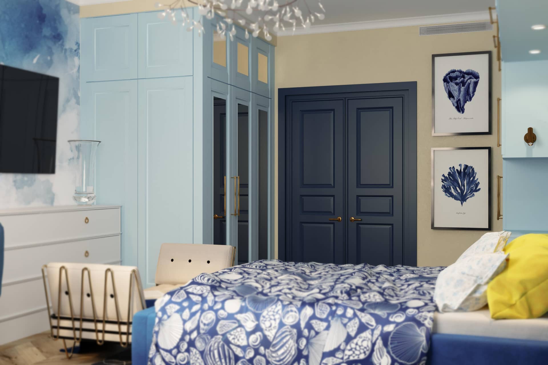 Двуспальная кровать из синего велюра и одеяла с рисунками ракушек