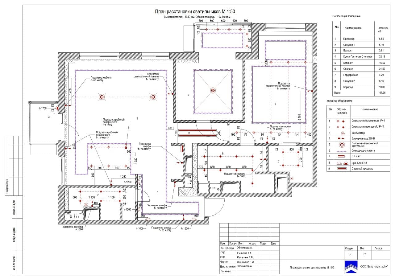 План расстановки светильников, квартира 109 м² в ЖК «Фили Град»