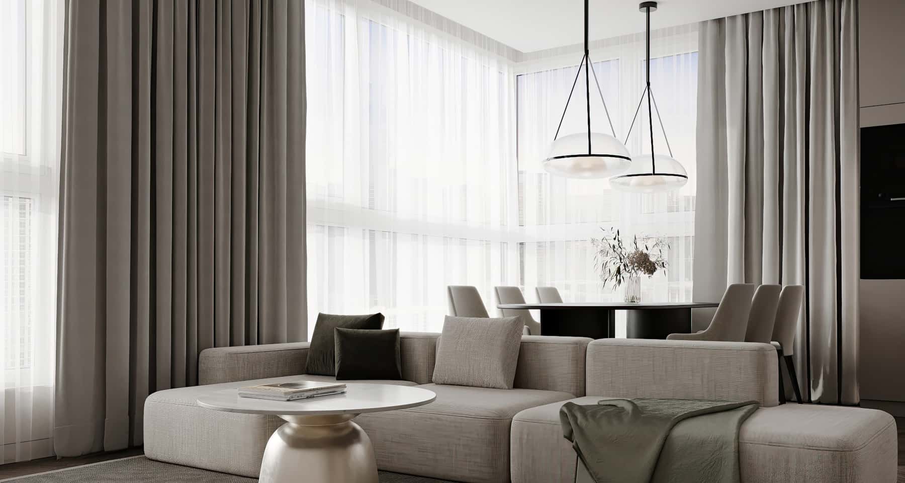 Модульный диван как условная граница гостиной и столовой Модульный диван как условная граница гостиной и столовой