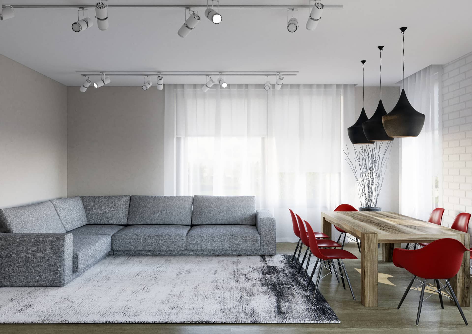 Серебристый диван и стулья алого цвета в гостиной