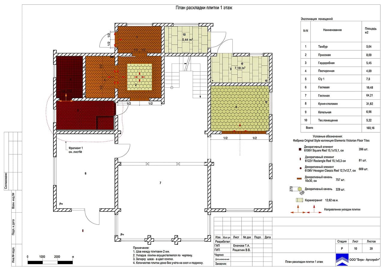 План раскладки плитки. 1 этаж, дом 297 м² в ЖК «Мишино»