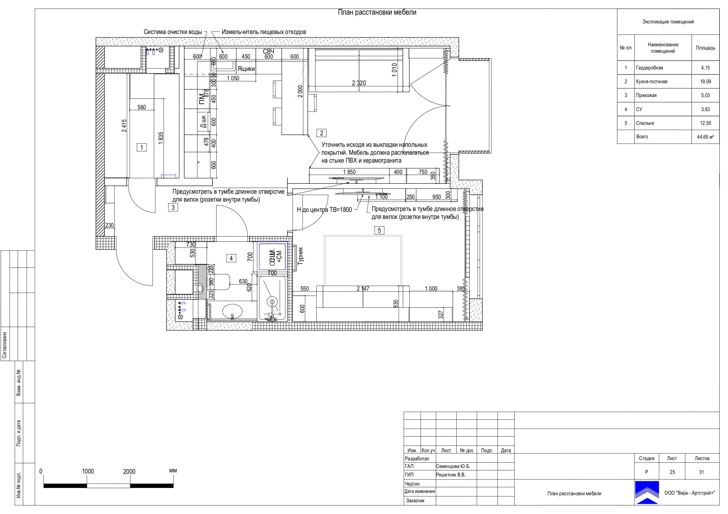 План расстановки мебели, квартира 45 м² в ЖК «Западный порт»