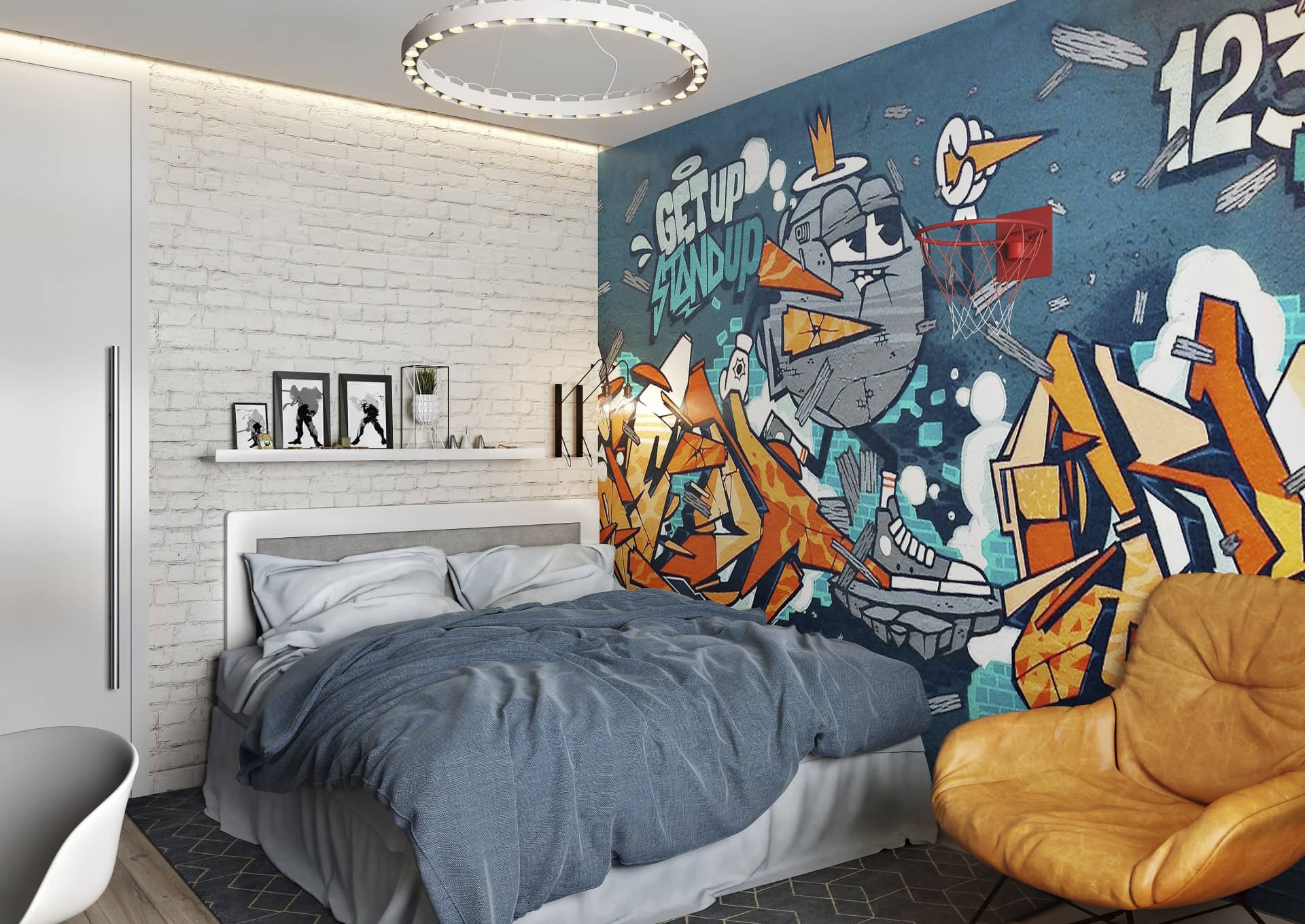 Кровать современного стиля с голубой стенкой