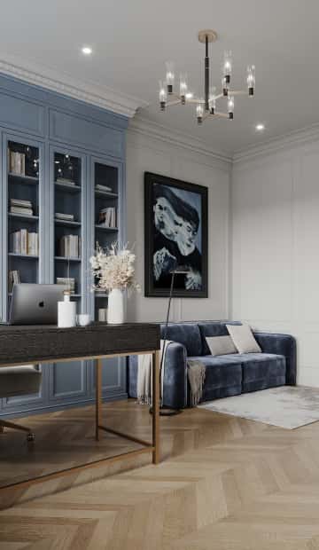 Контраст стилей сформировали с помощью постера над диваном, торшера и люстры