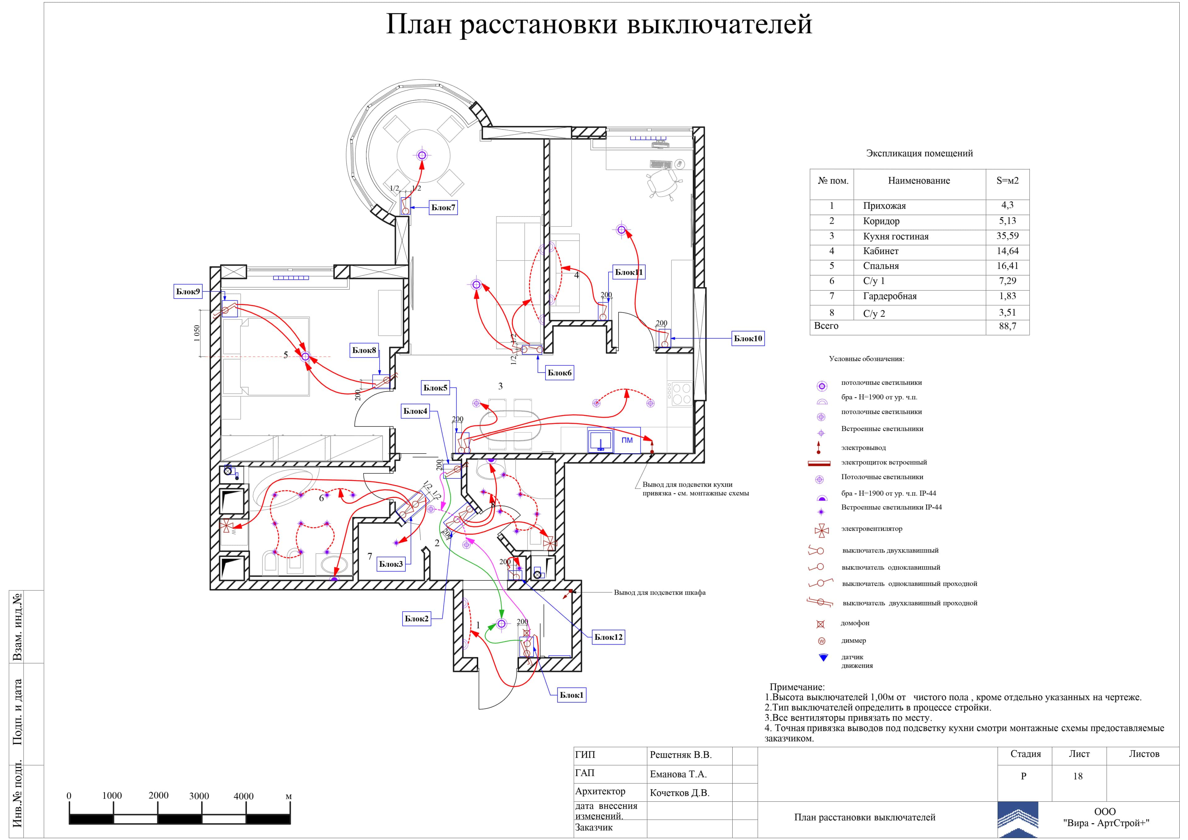 18. План расстановки выключателеи, квартира 90 м² в ЖК «Миракс Парк»