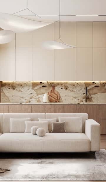 Очарование природы. Дизайн и ремонт загородного дома 116м2 в КП Британика в современном стиле. 1 этаж Кухня-гостиная