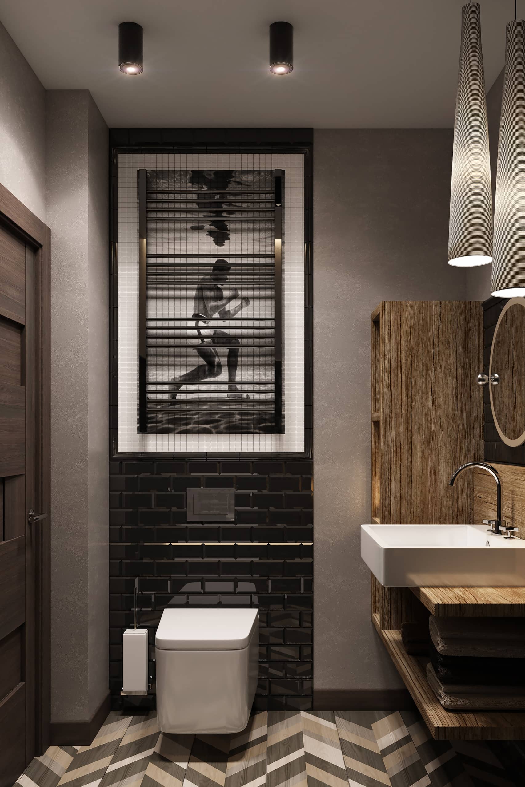 Чёрно-белая мозаика в виде боксёра для современной ванной комнаты