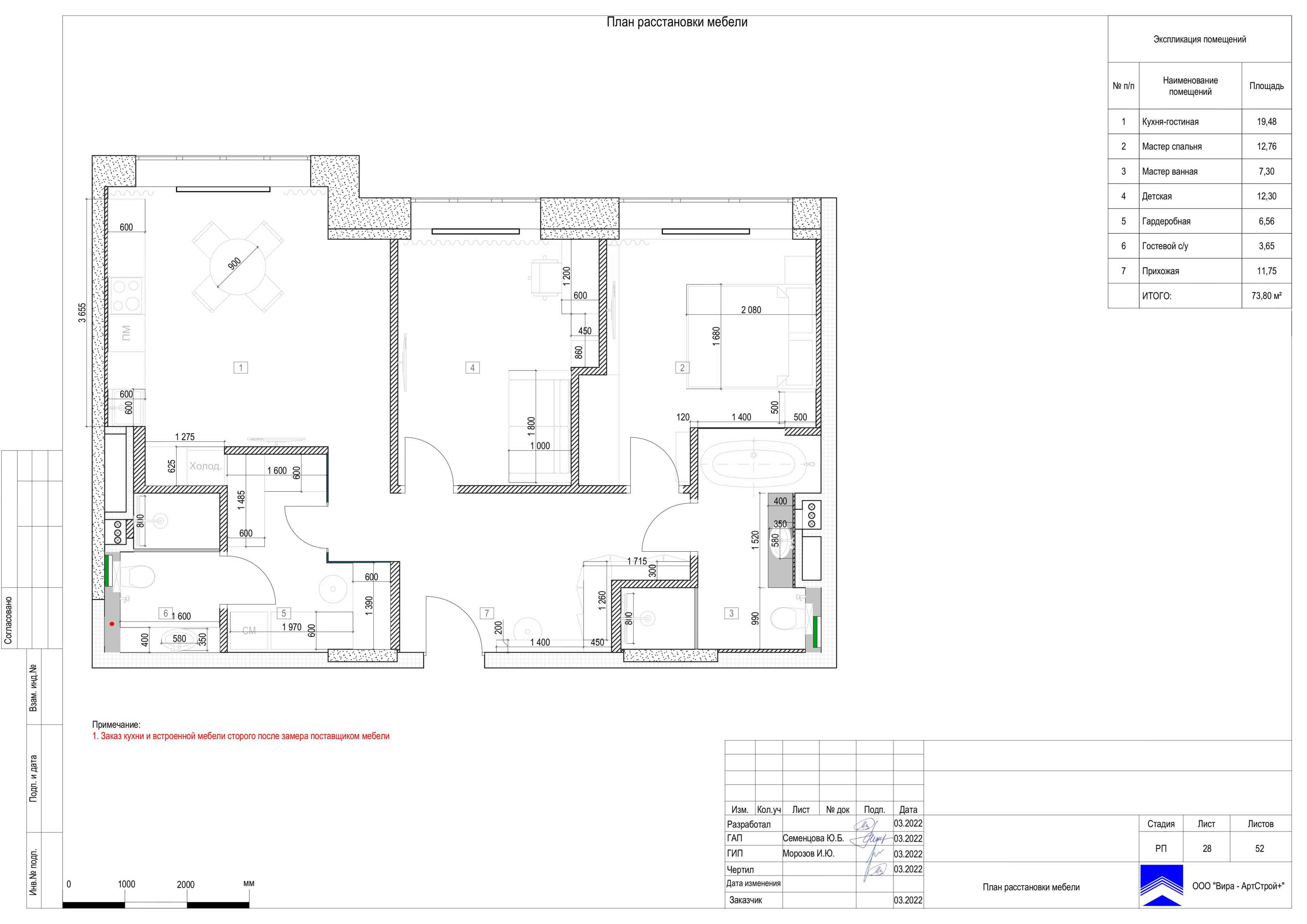 План расстановки мебели, квартира 74 м² в ЖК «ВТБ Арена Парк»