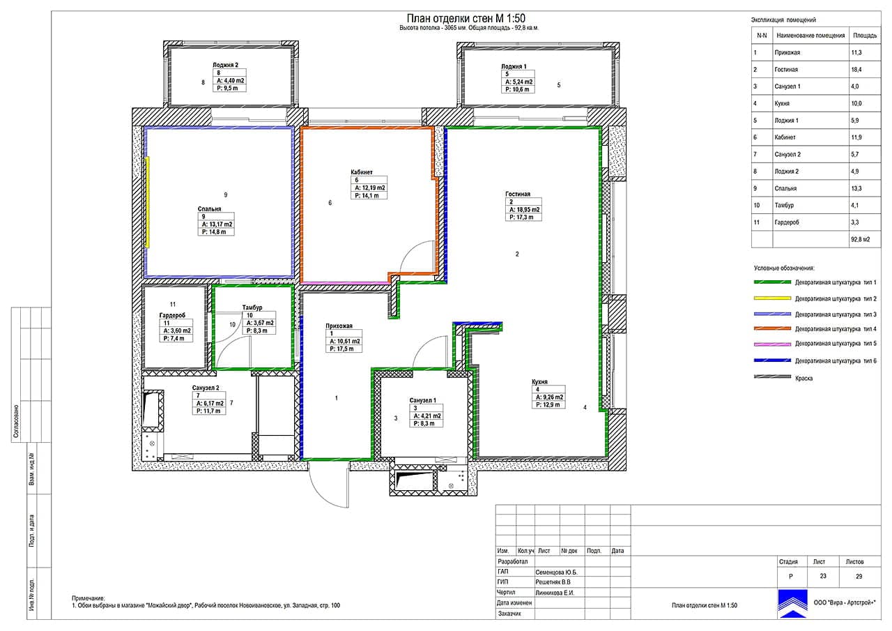 План отделки стен, квартира 93 м² в ЖК «Дом Серебряный Бор»