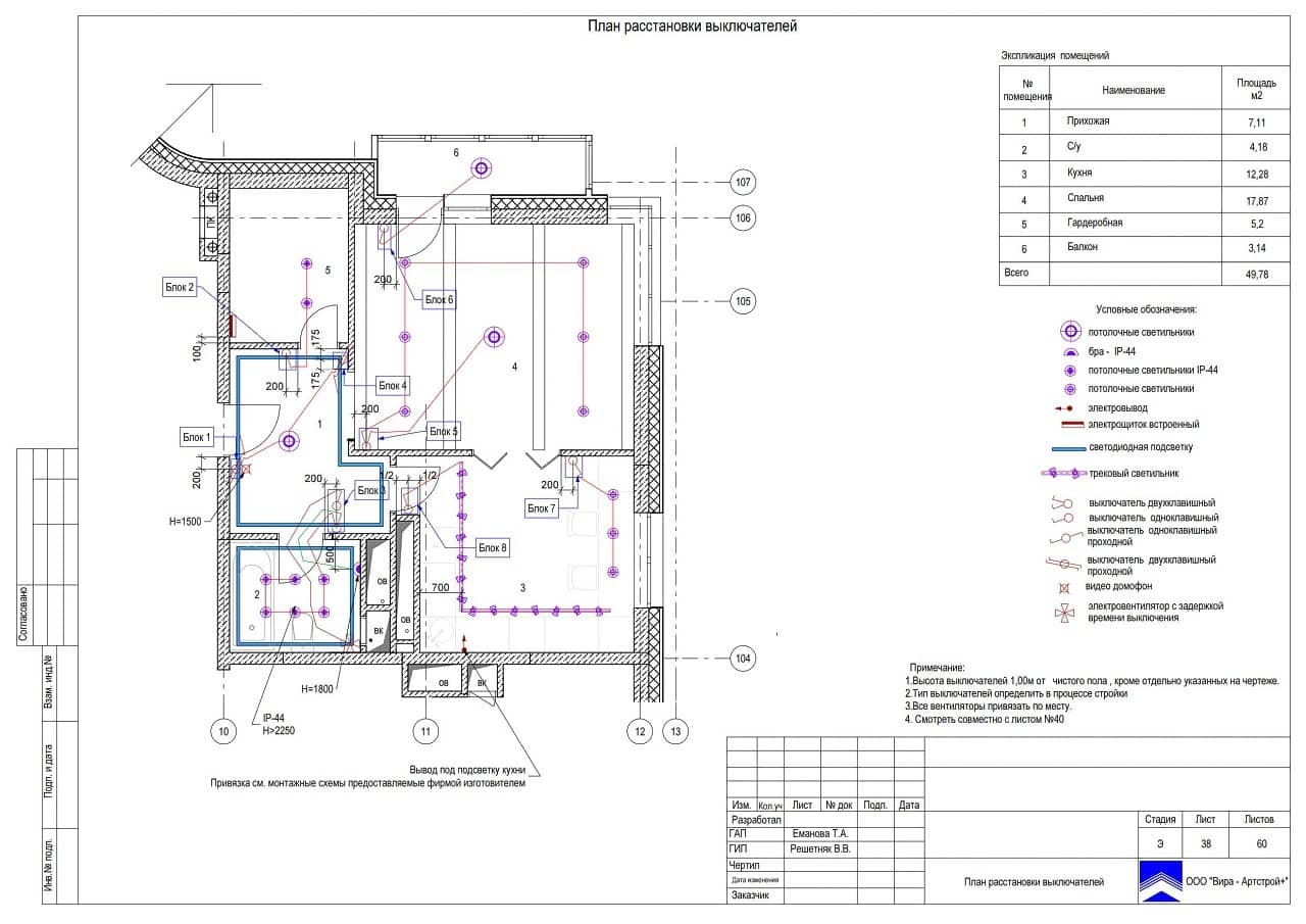 План выключателей, квартира 50 м² в ЖК «Дом в олимпийской деревне»