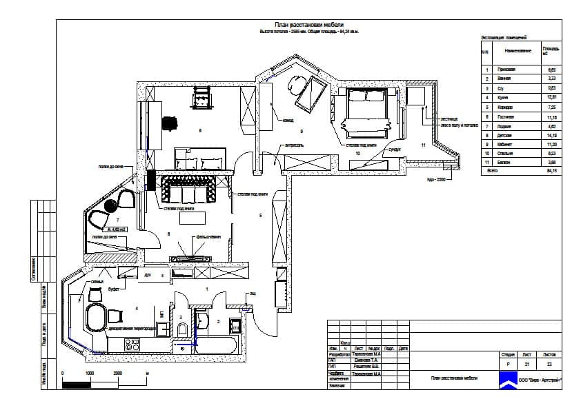 План мебели, квартира 84 м² в ЖК «Переделкино Ближнее»