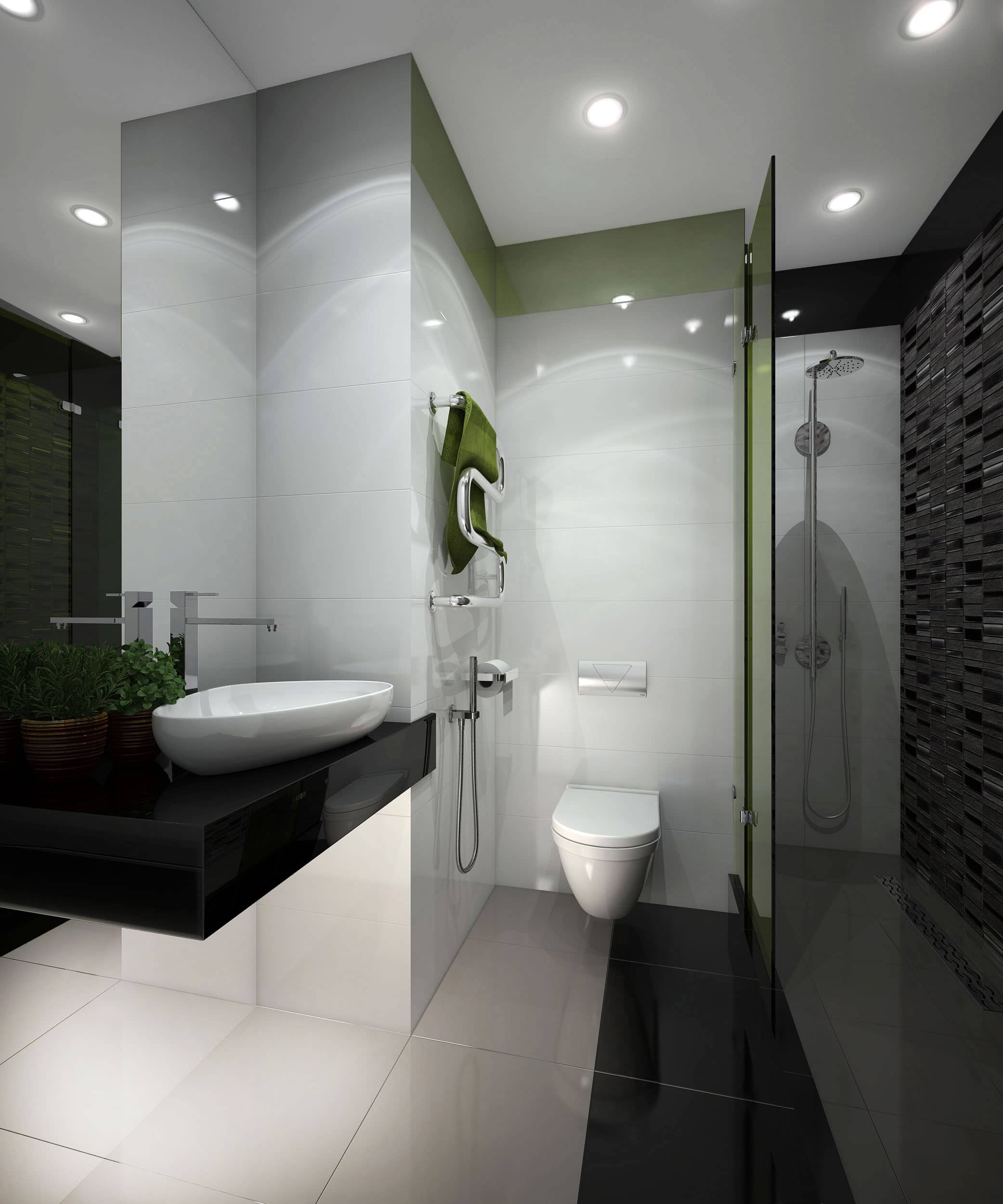 Сочетание зеленых, чёрных и белых тонов в ванной комнате