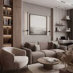 Фотографии гостиных. Ода современности. Дизайн и ремонт квартиры 63м2 ЖК Рассказово в современном стиле. Гостиная, фото 01.