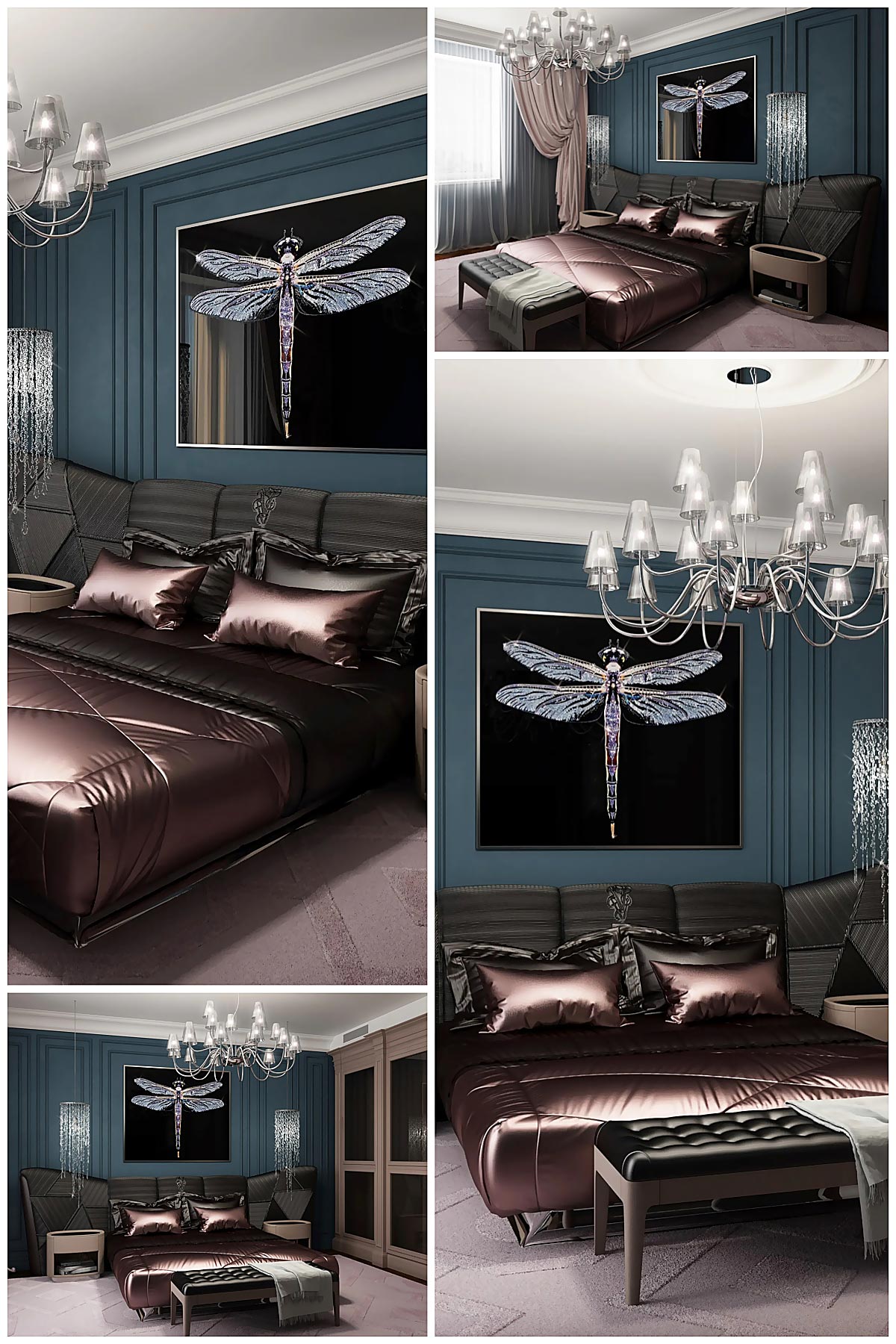 Интерьерная картина Стрекоза в интерьере спальни в стиле ар-деко