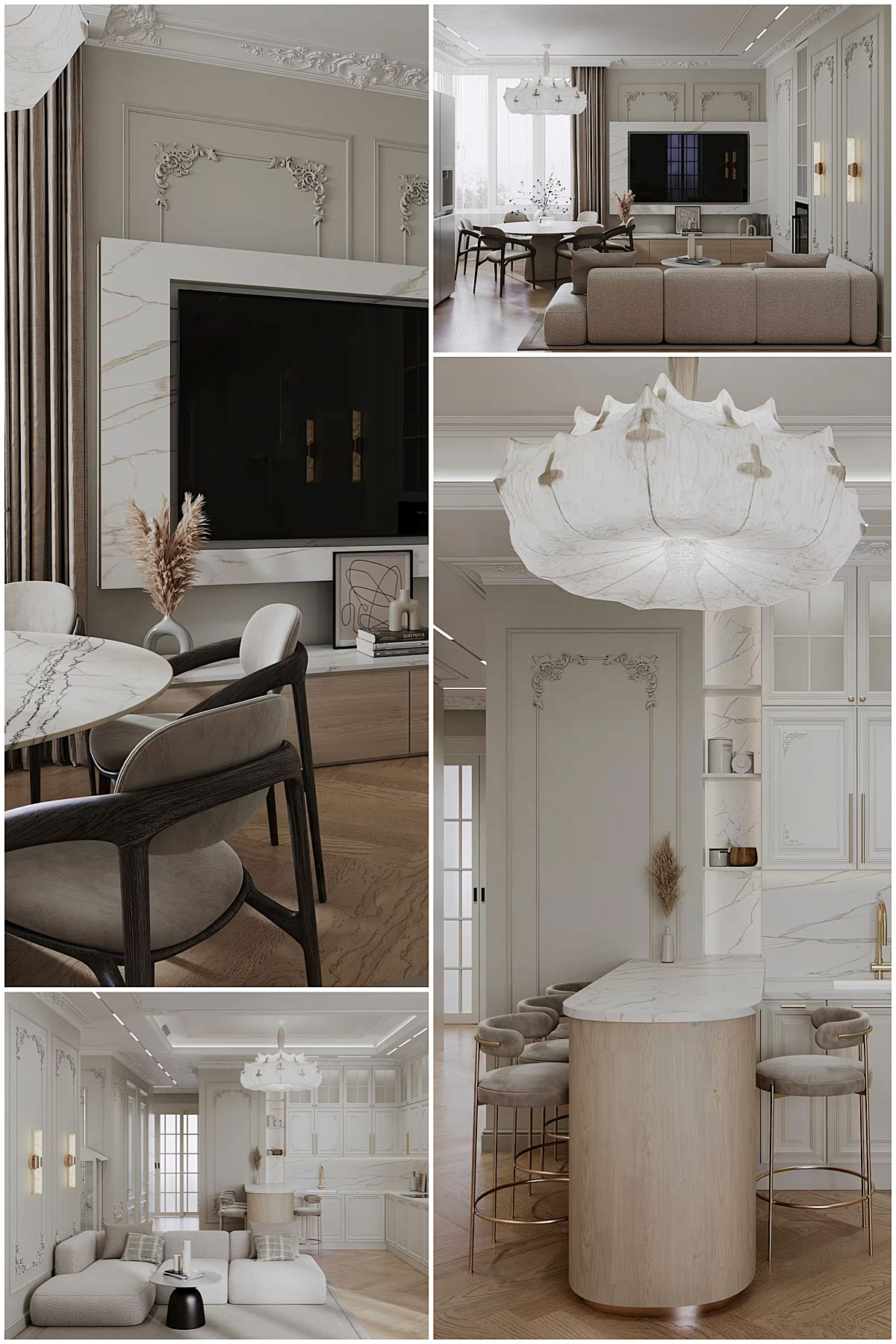 Бежевая кухня-гостиная в стиле неоклассика